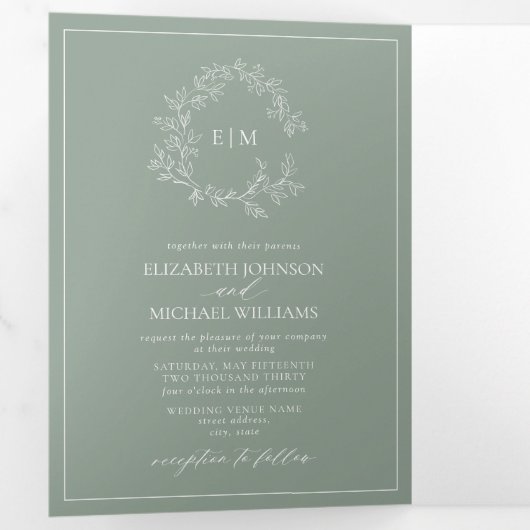 Sage Green Crest Monogramme Mariage Tri-Fold I (Intérieur en premier)