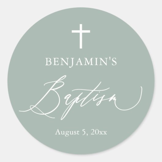 Sage Green Croix blanche Boy Baptême rond Sticker (Devant)