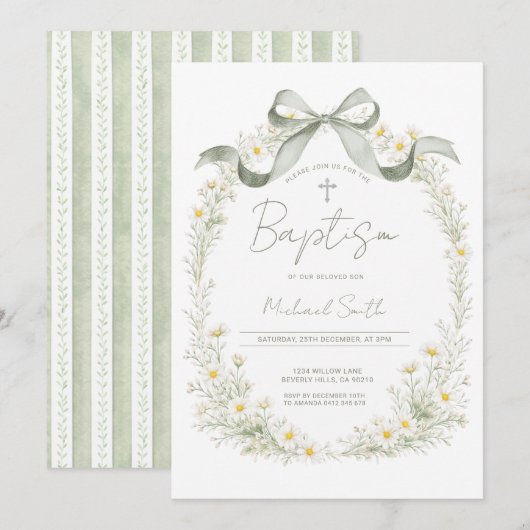 Sage Green Cross Daisy Baptism Invitation (Devant / Derrière)