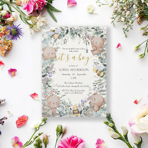 Sage Green Cute Bear Boy Baby shower Invitation