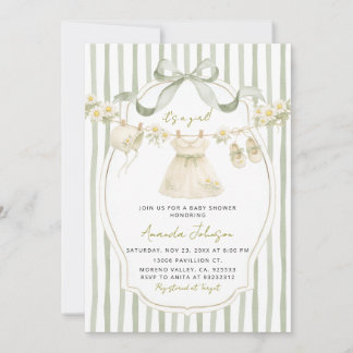Sage Green Daisy Clothesline Baby Shower Invite Kaart