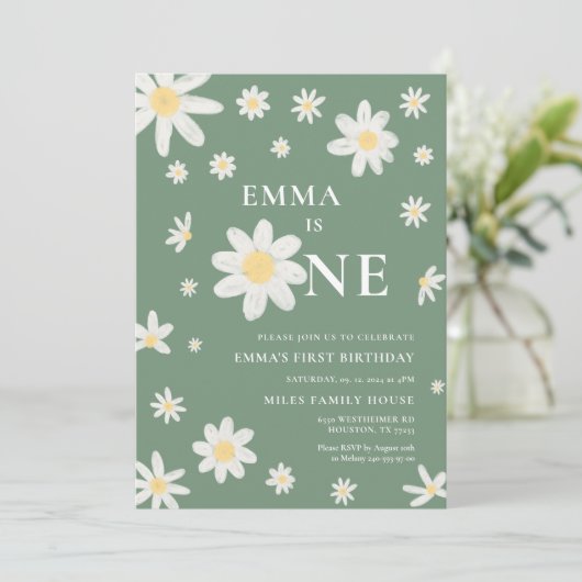 Sage Green Daisy Eerste 1e Verjaardag uitnodiging  (Staand voorkant)