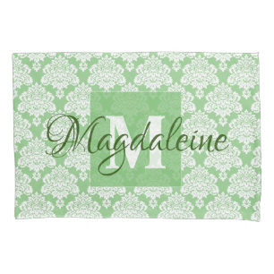 Sage Green Damask Pillow Hoesje met Monogram Kussensloop