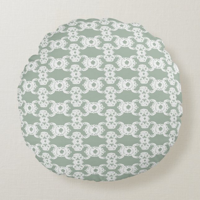 Sage Green Damask Rond Kussen (Voorkant)