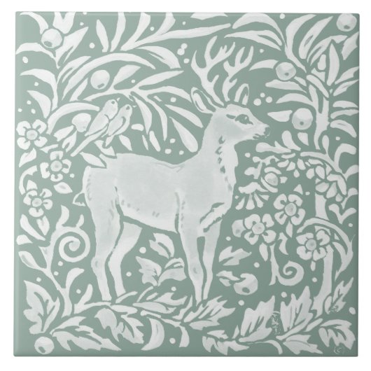Sage Green Deer Woodland Forest William Morris Tegeltje (Voorkant)