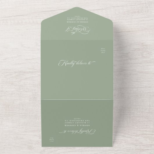 Sage Green Delicate Elegant Script Wedding All In One Uitnodiging (Buitenkant)