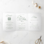 Sage Green Delicate Elegant Script Wedding Drieluik Uitnodiging (Binnen)