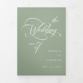 Sage Green Delicate Elegant Script Wedding Drieluik Uitnodiging (Cover)
