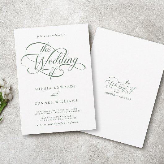 Sage Green Delicate Elegant Script Wedding Kaart
