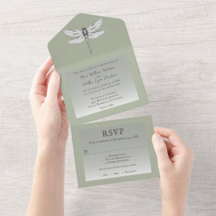 Sage Green Dragonfly Wedding All In One Uitnodiging
