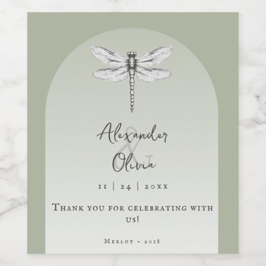Sage Green Dragonfly Wedding Wijn Etiket (Enkel label)