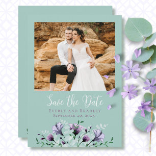 Sage Green Dusty Paarse Bloemen Save the Date Kaart