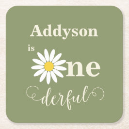 Sage Green Eerste Verjaardag Daisy Vierkante Kartonnen Onderzetter
