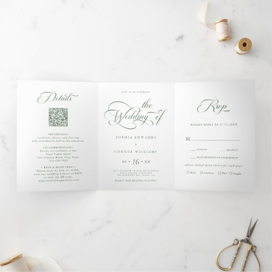 Sage Green Elegant Charm Script Wedding Drieluik Uitnodiging (Binnen)