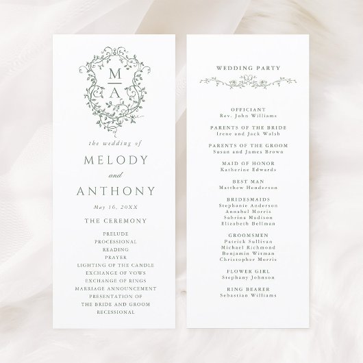 Sage Green Elegant Floral Crest Wedding Ceremony Programma