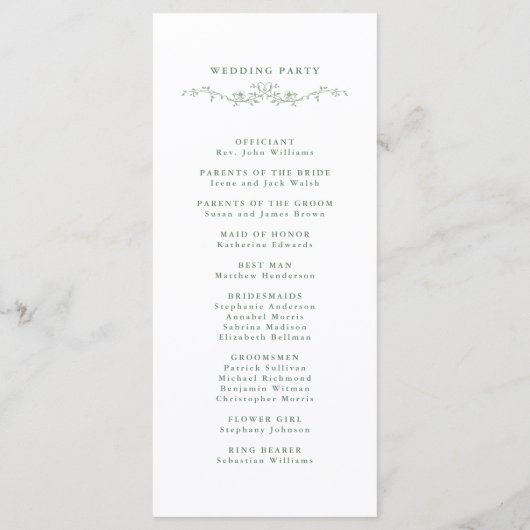 Sage Green Elegant Floral Crest Wedding Ceremony Programma (Achterkant)