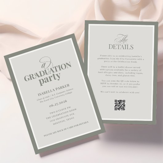 Sage Green Elegant Graduation Party | RSVP QR Code Kaart