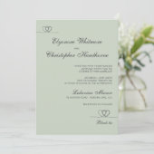Sage Green Elegant Hearts Calligraphy Wedding Kaart (Staand voorkant)
