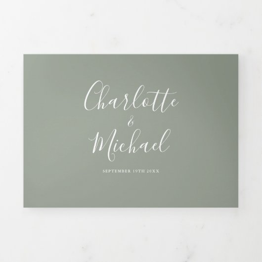 Sage Green Elegant Modern Script Photo Wedding Drieluik Uitnodiging (Cover)