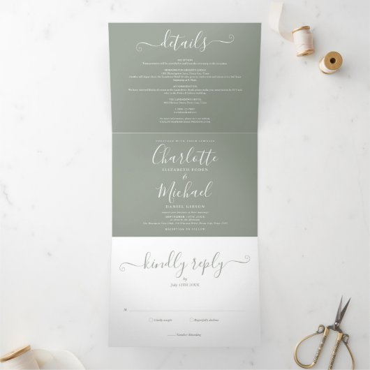 Sage Green Elegant Modern Script Photo Wedding Drieluik Uitnodiging (Binnen)