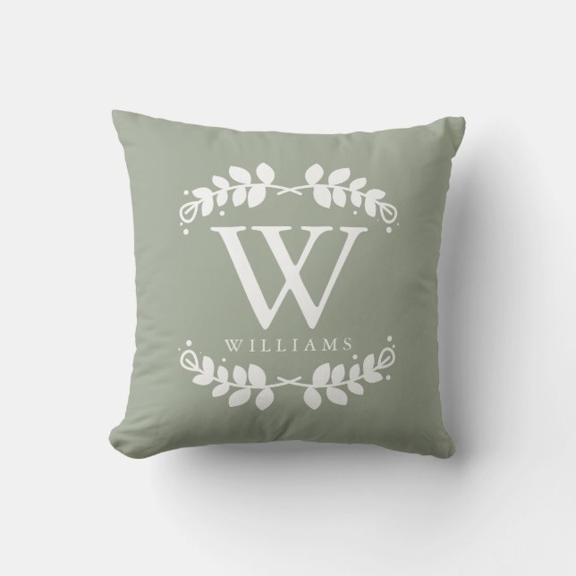 Sage Green Elegant Monogram Kussen (Voorkant)