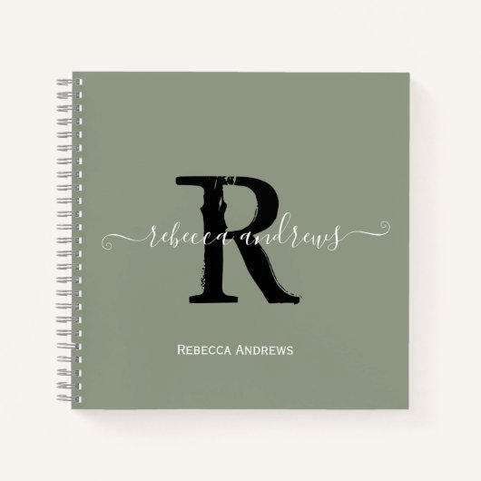 Sage Green Elegant Monogram Script Naam Initiaal Notitieboek (Voorkant)