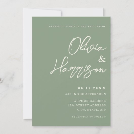 Sage Green Elegant Script All in One Wedding Kaart (Voorkant)