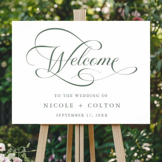 Sage Green Elegant Script Huwelijk Welkom Teken Poster