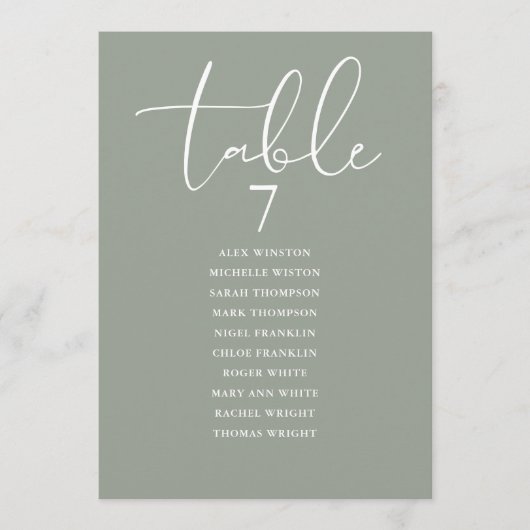 Sage Green Elegant Seating Plan Table Number Kaart (Voorkant)