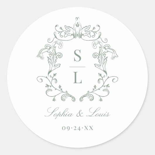 Sage Green Elegante Barok Crest Monogram Huwelijk Ronde Sticker (Voorkant)