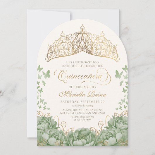 Sage Green Elegante Bloemenkroon Quinceanera Kaart (Voorkant)