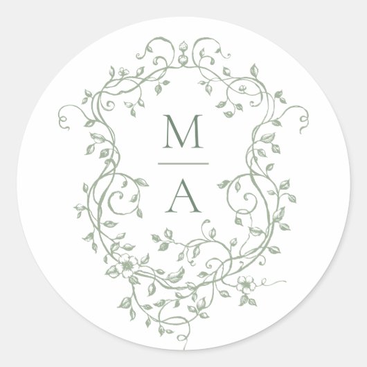 Sage Green Elegante Bloemkam Monogrammen Ronde Sticker (Voorkant)