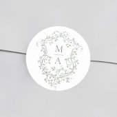 Sage Green Elegante Bloemkam Monogrammen Ronde Sticker