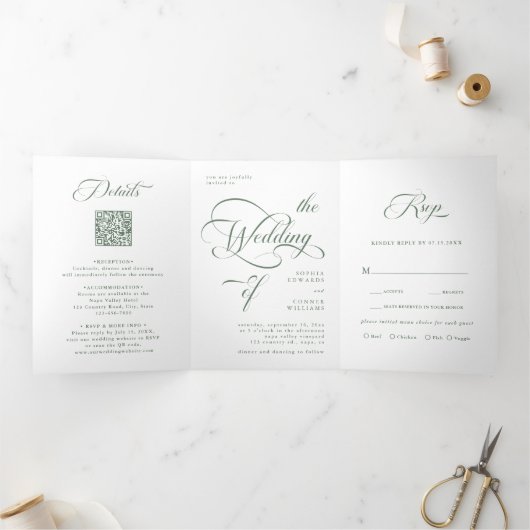 Sage Green Elegante Classy Calligraphy Wedding Drieluik Uitnodiging (Binnen)