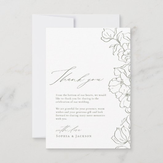 Sage Green Elegante hand getekende bloemenbruiloft Bedankkaart (Voorkant)