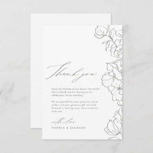 Sage Green Elegante hand getekende bloemenbruiloft Bedankkaart (Voorkant / Achterkant)