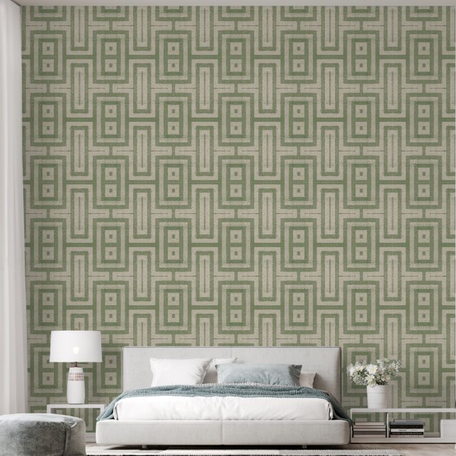 Sage Green en Beige MCM Modern Print Behang (Slaapkamer)