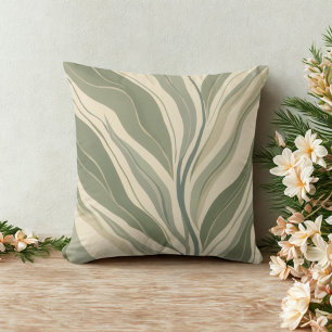 Sage Green en Cream Abstract Bladeren Patroon Kussen