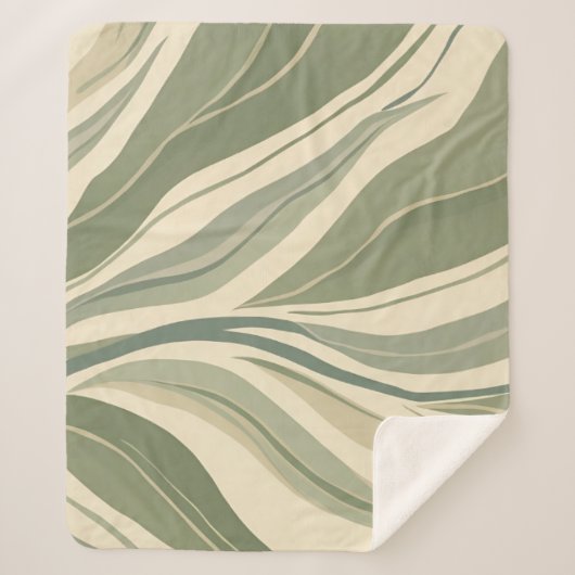 Sage Green en Cream Abstract Bladeren Patroon Sherpa Deken (Voorkant)
