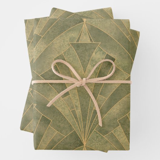 Sage Green en Gold Art Deco Patroon Inpakpapier Vel (In situ)
