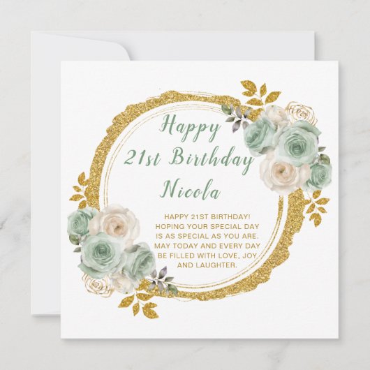 Sage Green en Gold Elegant Bloemen Verjaardagsfees Kaart (Voorkant)