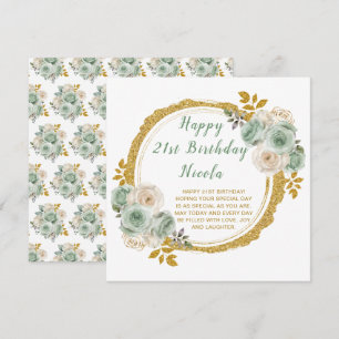 Sage Green en Gold Elegant Bloemen Verjaardagsfees Kaart