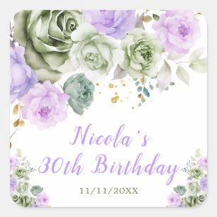 Sage Green en Paarse Bloemen Verjaardagsfeest Vierkante Sticker