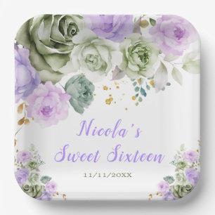 Sage Green en Paarse Bloemrijke Sweet Sixteen Papieren Bordje