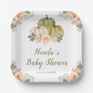 Sage Green en Peach Bloemenpompoenen Baby shower Papieren Bordje