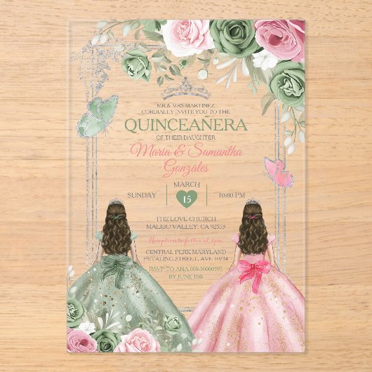 Sage Green en Pink Twin Quinceañera Butterfly Acryl Uitnodigingen (Voorkant)