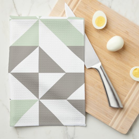 Sage Green en Silver Geometric ZigZag Theedoek (Quarter Fold)