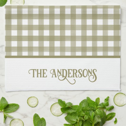 Sage Green en White Gingham Plaid Gepersonaliseerd Theedoek (Gevouwen)