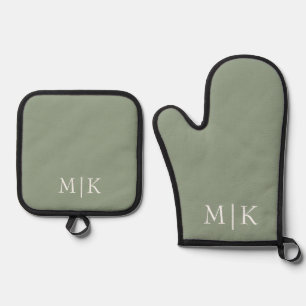 Sage Green en White Modern monogram Ovenwant & Pannenlap Set