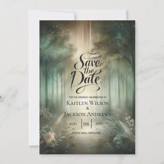 Sage Green Enchanted Forest Radiance Save The Date (Voorkant)